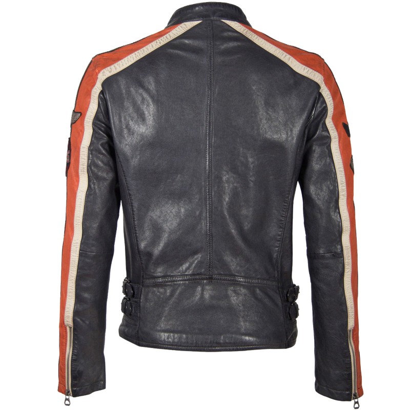 Geaca de Piele Naturala Barbati Gipsy Bleumarin/Portocaliu/Alb Murdar GBMyles LACAV – Black Friday