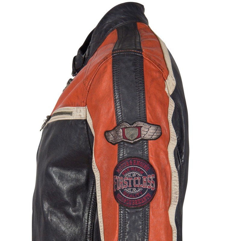 Geaca de Piele Naturala Barbati Gipsy Bleumarin/Portocaliu/Alb Murdar GBMyles LACAV – Black Friday