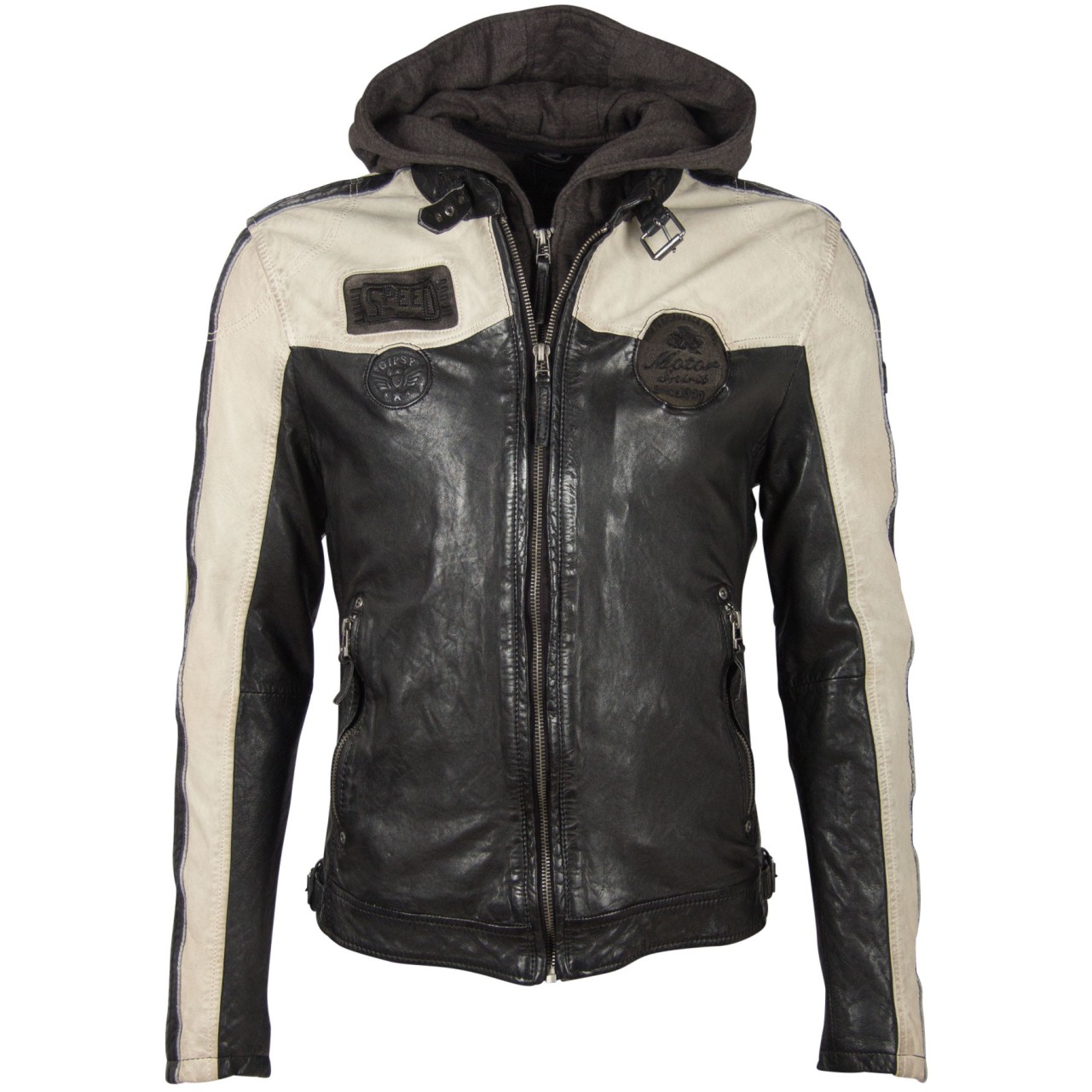 Geaca de Piele Naturala Barbati Gipsy Negru/Alb Murdar GBTroon 2 SF LACAV – IMBRACAMINTE