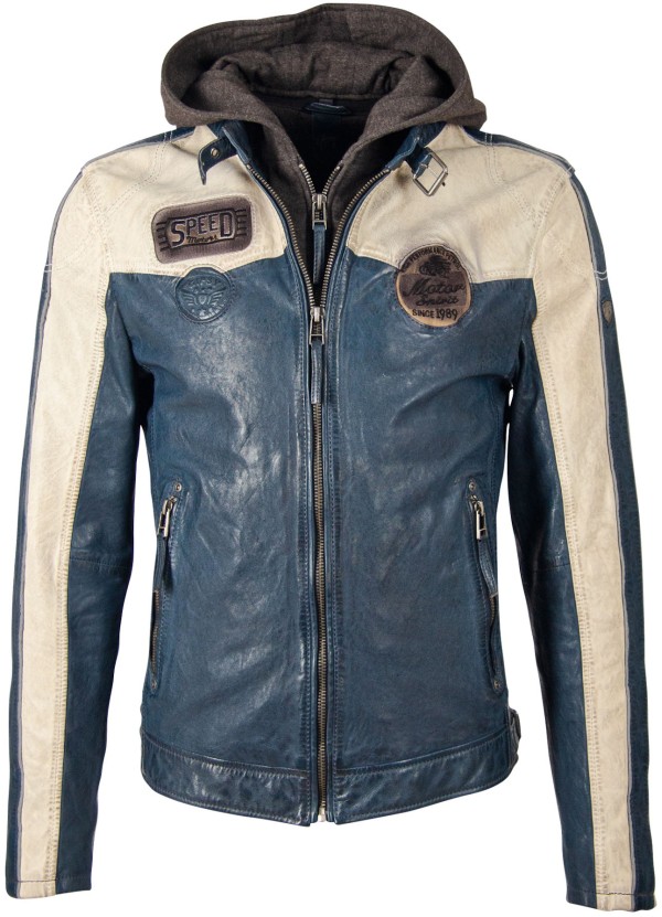 Geaca de Piele Naturala Barbati Gipsy Bleumarin/Alb Murdar GBTroon 2 SF LACAV – Black Friday — fotografia 1