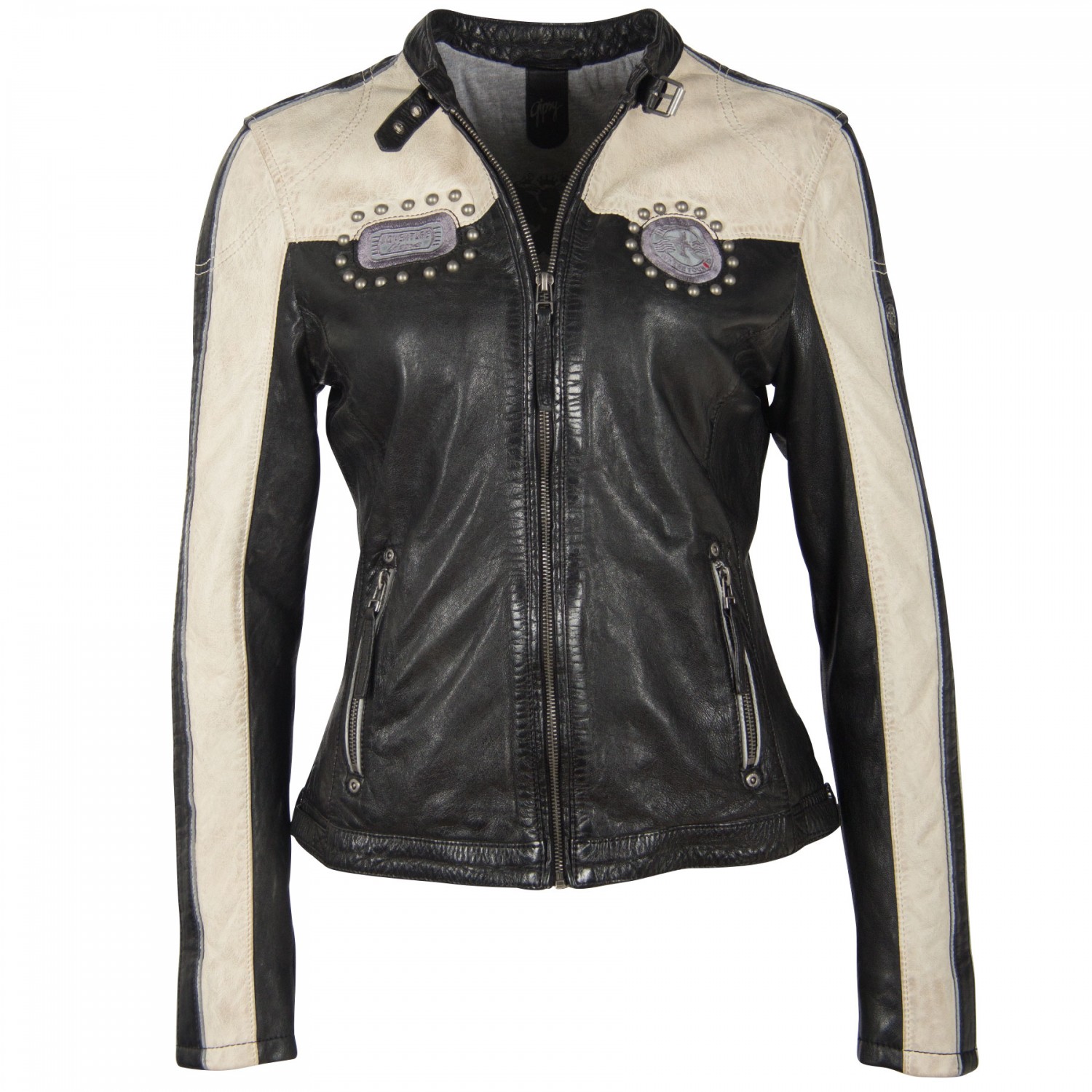 Geaca de Piele Naturala Dama Gipsy Negru/Alb Murdar GGPattie LACAV – IMBRACAMINTE