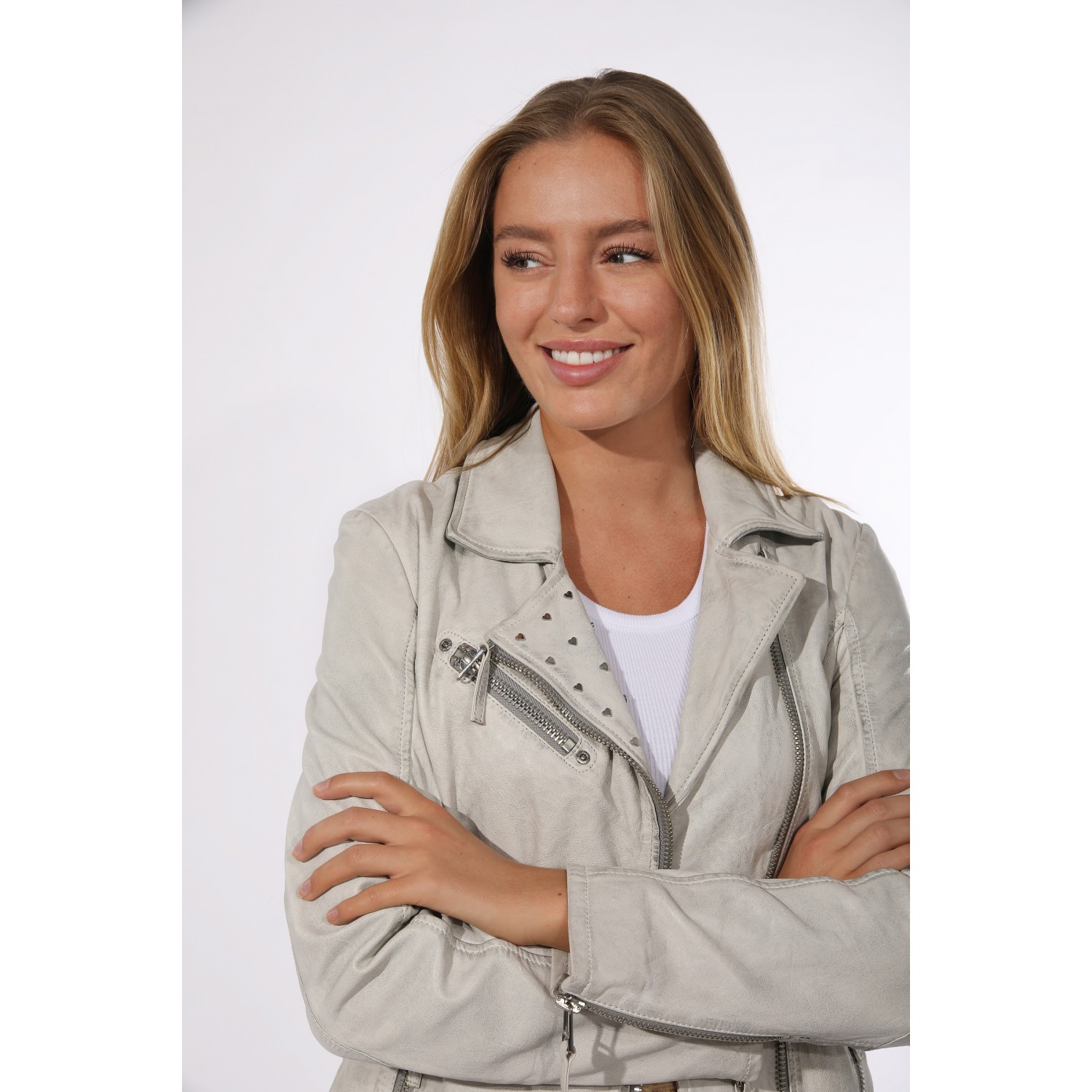 Geaca de Piele Naturala Dama Gipsy Alb Murdar GGSummer LABAGV – IMBRACAMINTE