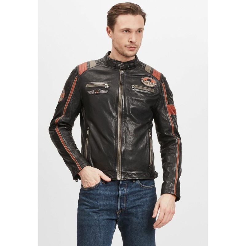 Geaca de Piele Barbati Gipsy Negru/Portocaliu GMNasdo SF LVV – IMBRACAMINTE