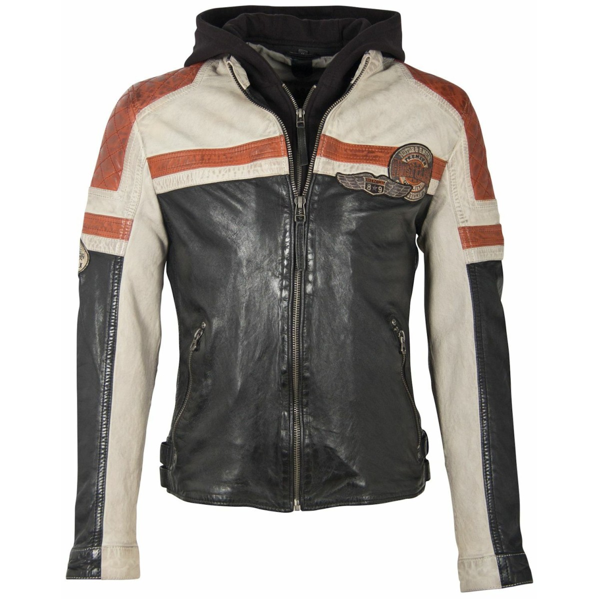 Geaca de Piele Naturala Barbati Gipsy Negru/Portocaliu GMSpeeto SF LAMOV – IMBRACAMINTE