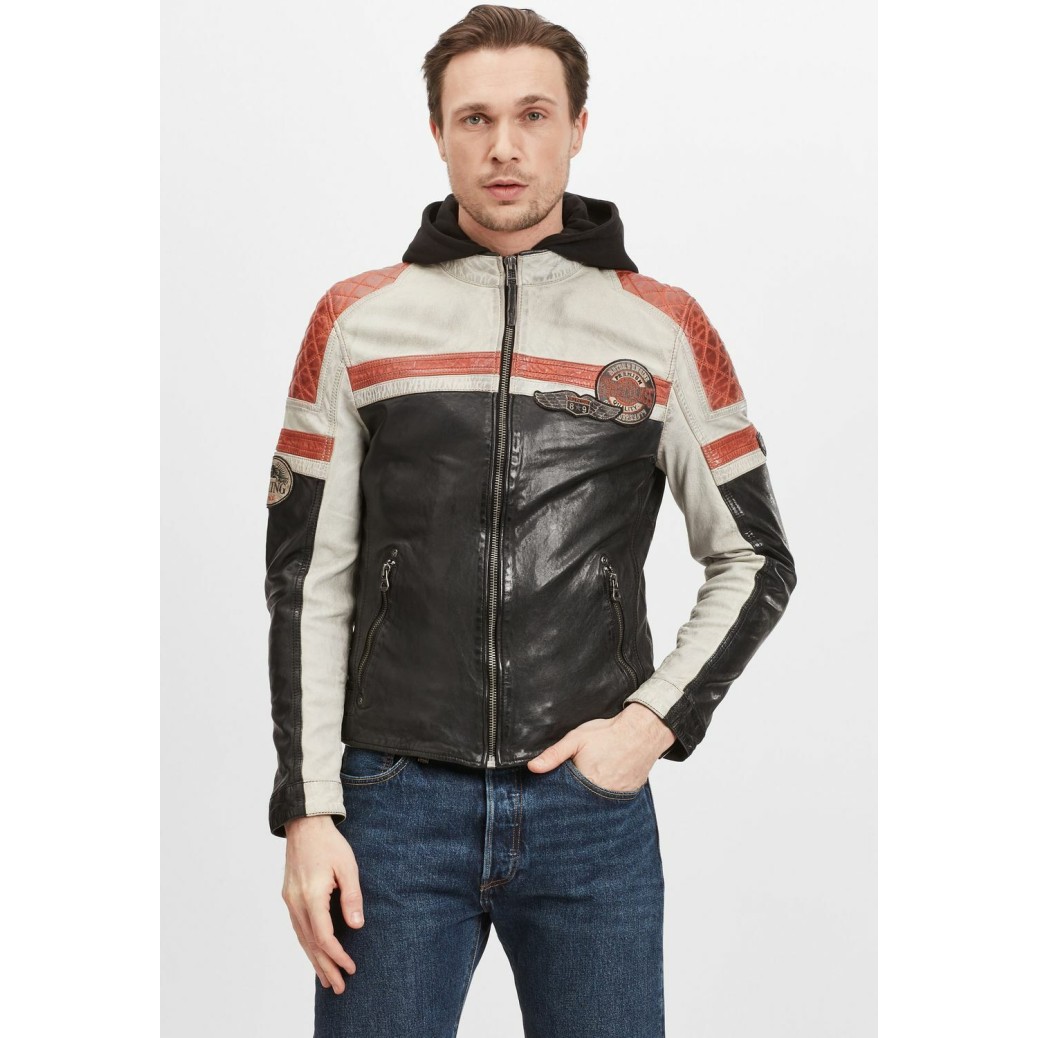 Geaca de Piele Naturala Barbati Gipsy Negru/Portocaliu GMSpeeto SF LAMOV – IMBRACAMINTE