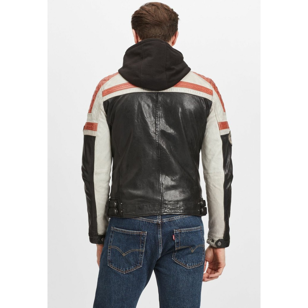 Geaca de Piele Naturala Barbati Gipsy Negru/Portocaliu GMSpeeto SF LAMOV – IMBRACAMINTE